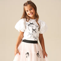Aofie White Bow Embellished Puff Sleeve Tee