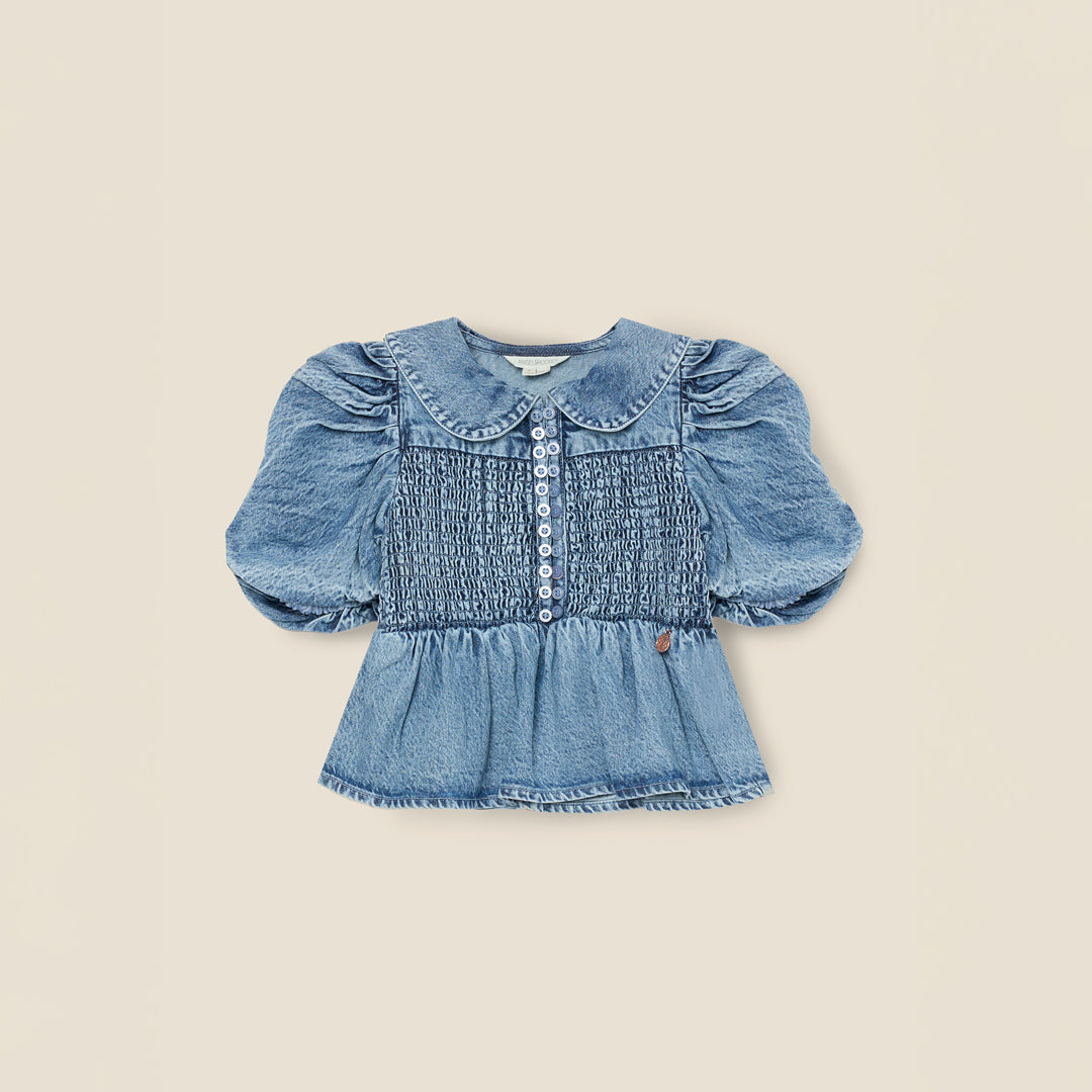 Orla Blue Peter Pan Collar Shirred Denim Blouse