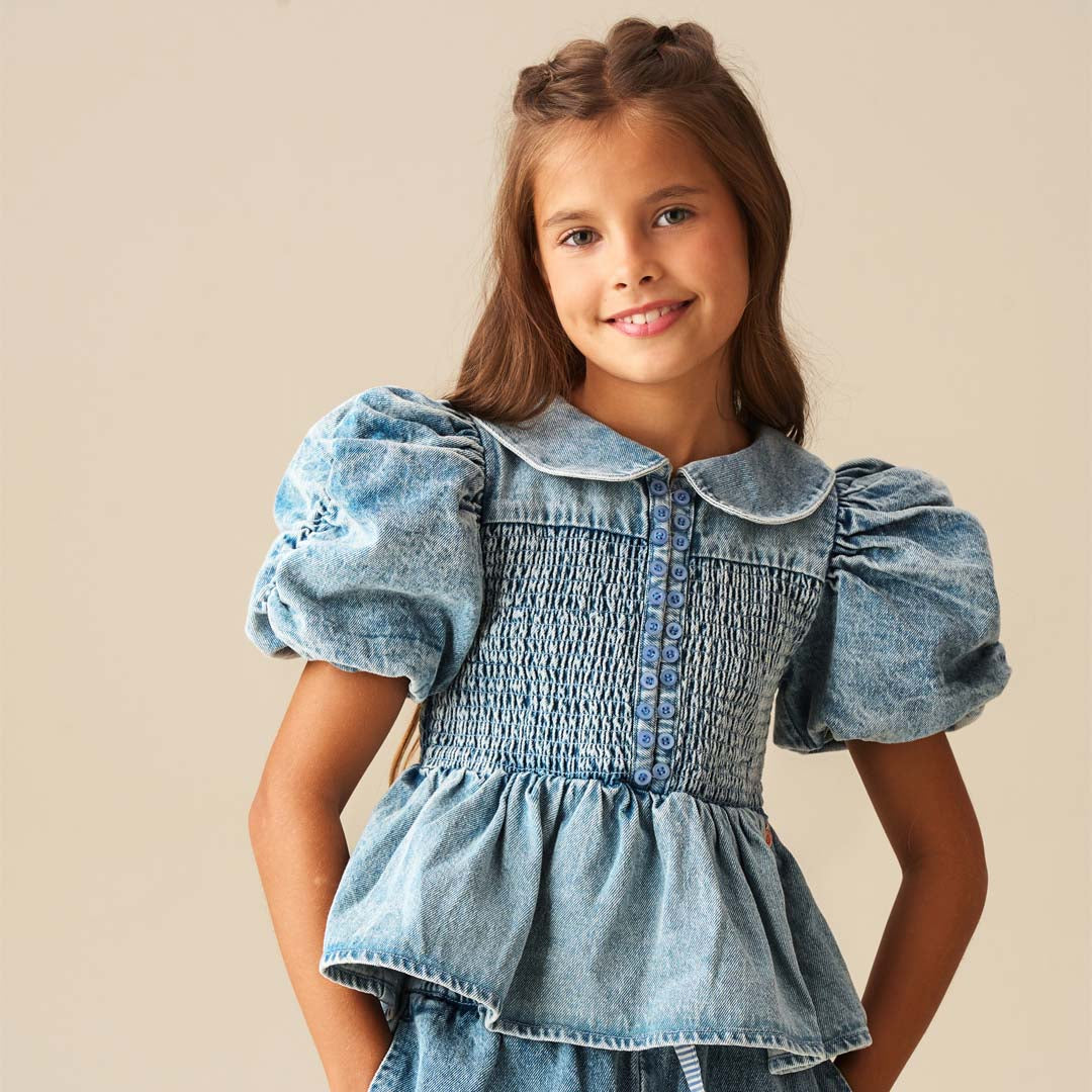 Orla Blue Peter Pan Collar Shirred Denim Blouse