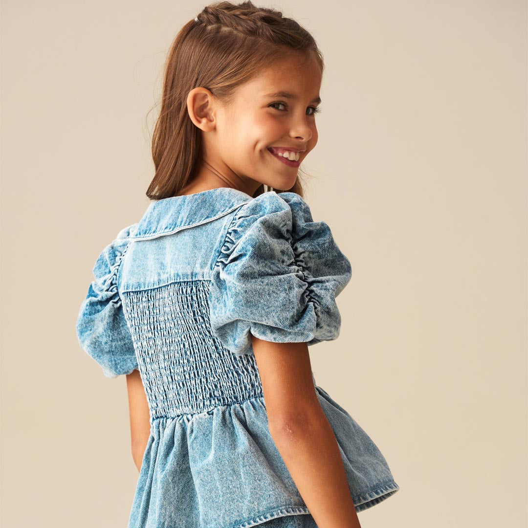 Orla Blue Peter Pan Collar Shirred Denim Blouse