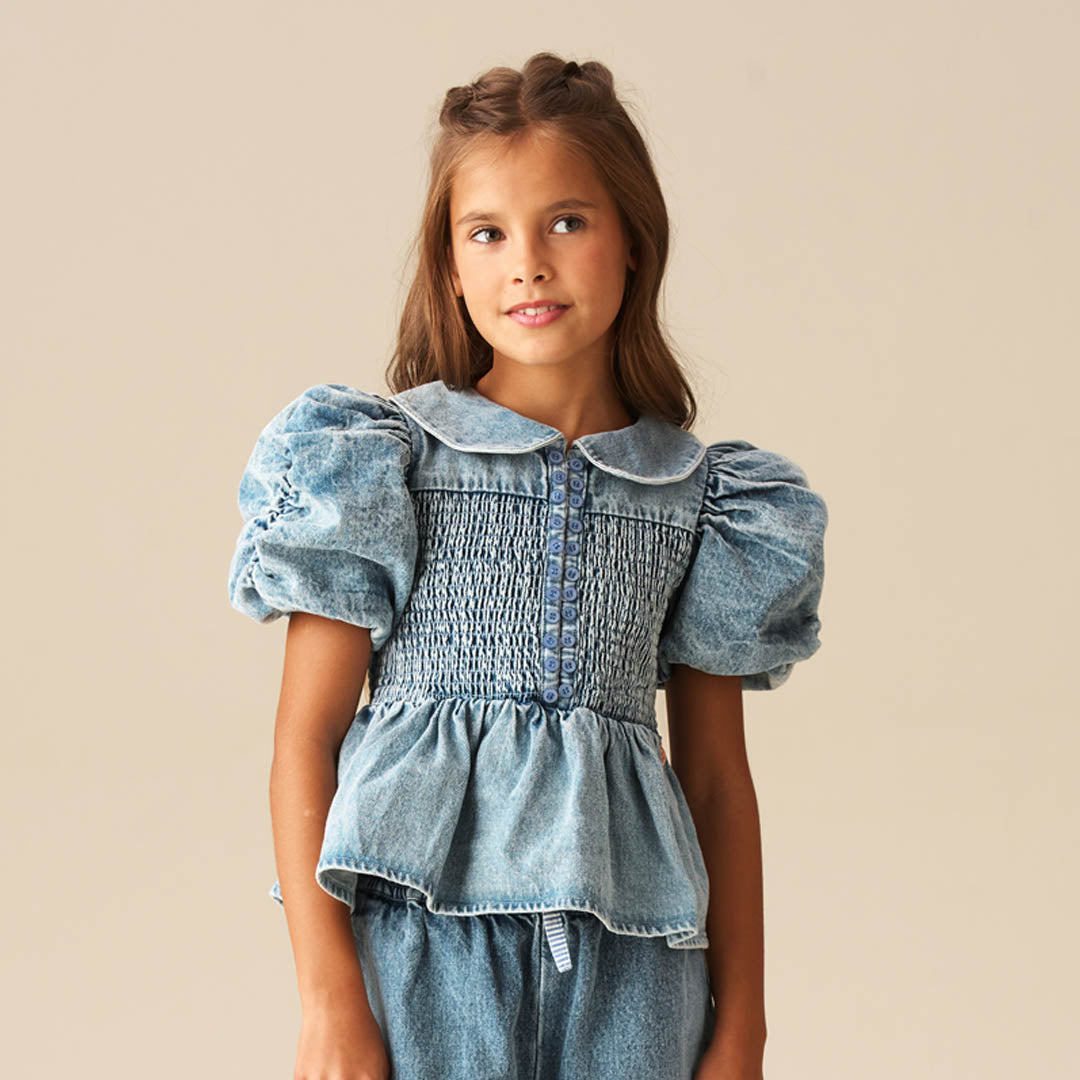 Orla Blue Peter Pan Collar Shirred Denim Blouse