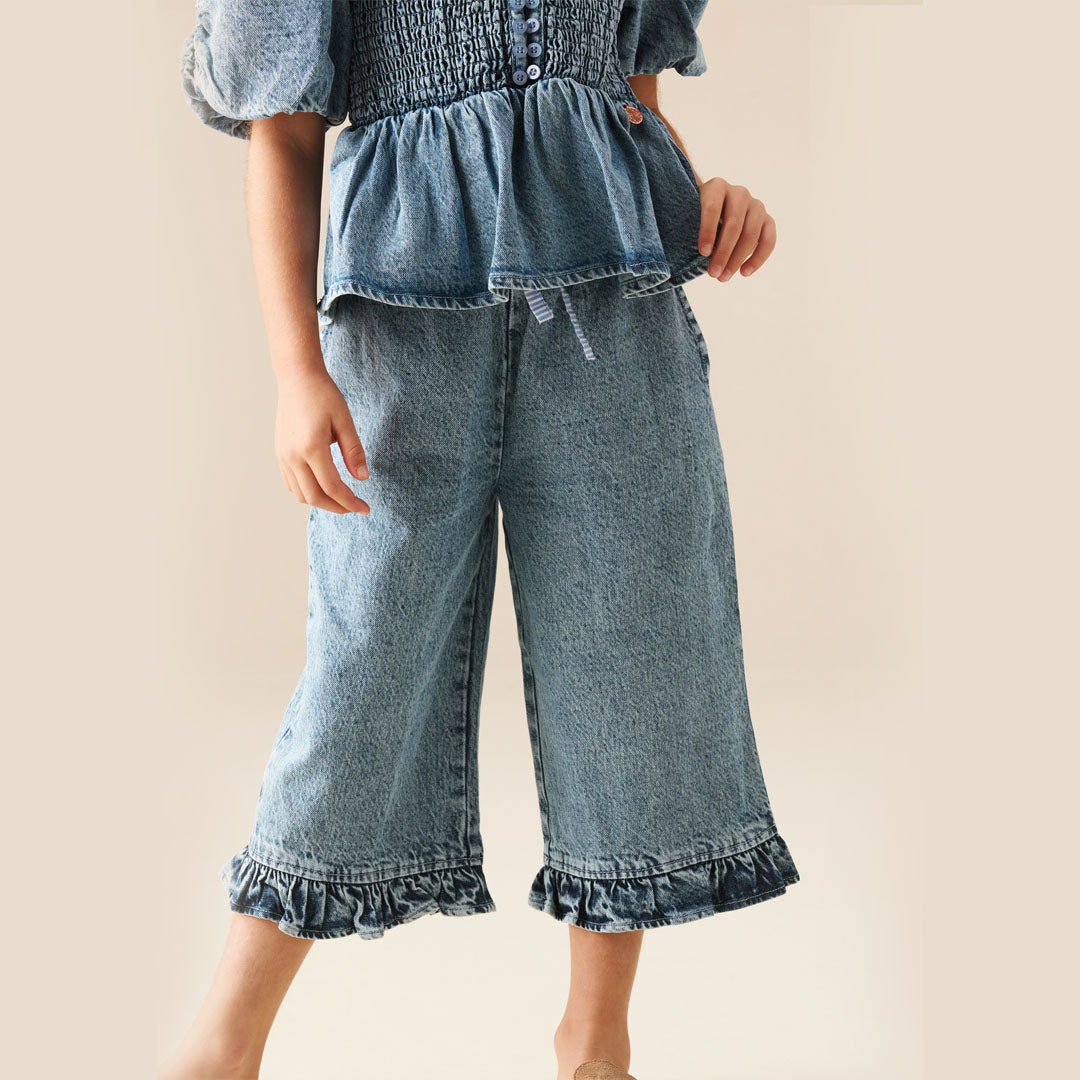 Orla Blue Denim Frill Hem Trousers