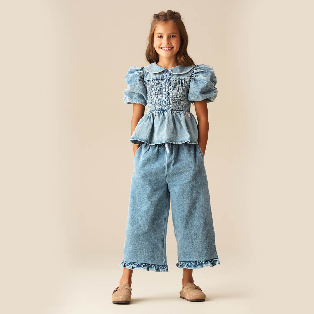 パンツ Frill-trim denim pants Angel & Rocket Girls Solid Blue Cotton Trousers