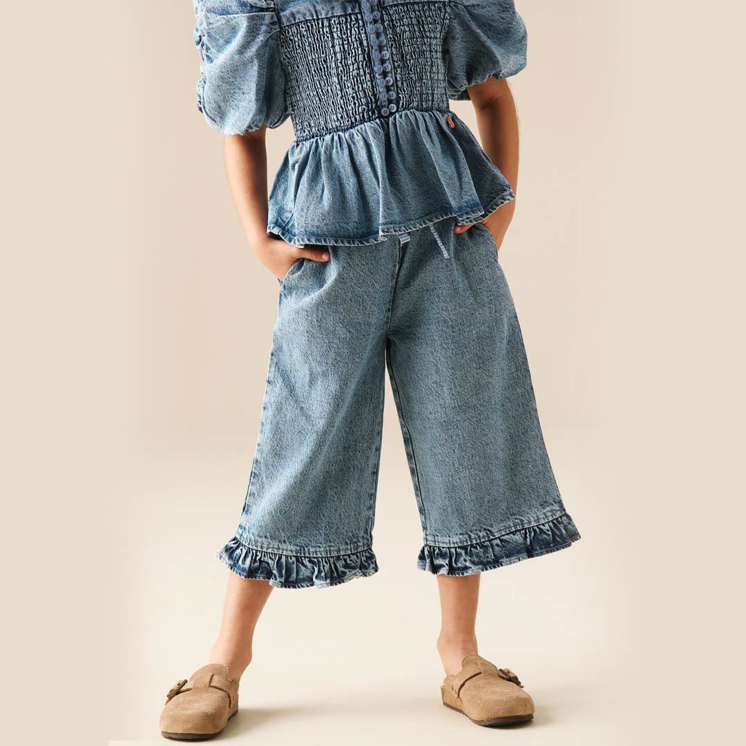 Orla Blue Denim Frill Hem Trousers