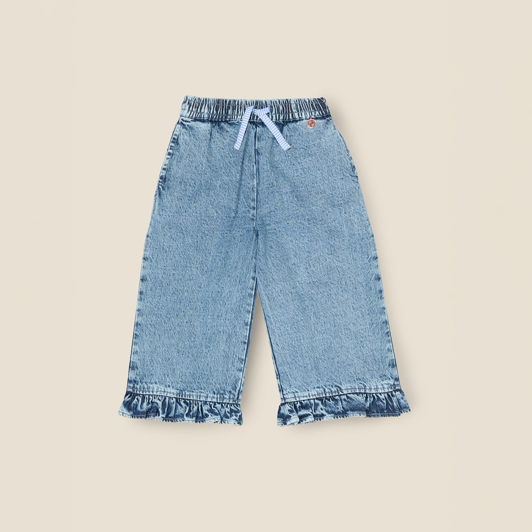 パンツ Frill-trim denim pants Angel & Rocket Girls Solid Blue Cotton Trousers