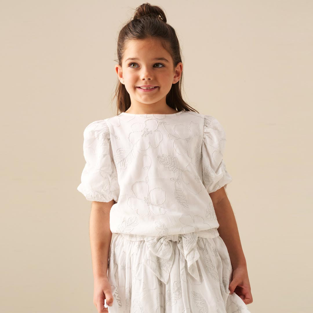 Dalhia Floral Embroidered Tie Waist Puff Sleeve Top