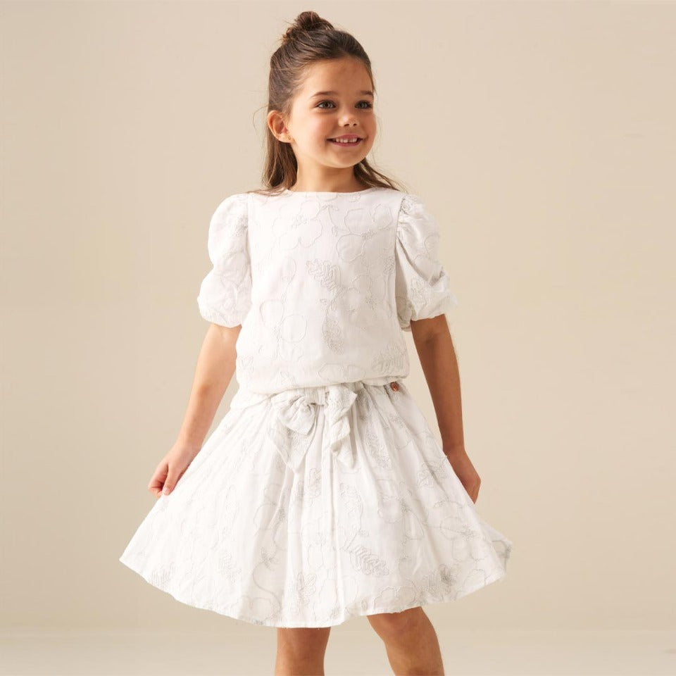 Dalhia Floral Embroidered Tie Waist Puff Sleeve Top