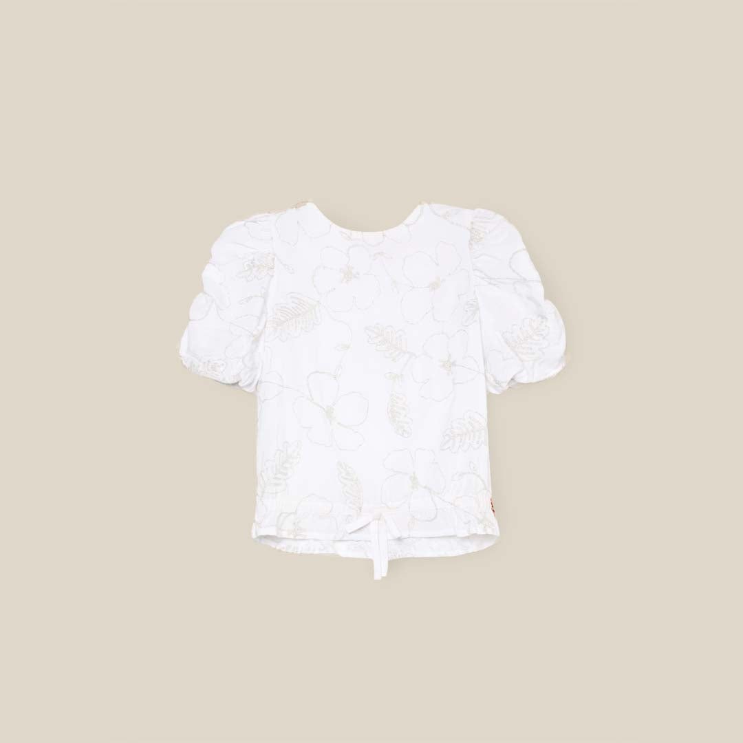 Dalhia Floral Embroidered Tie Waist Puff Sleeve Top