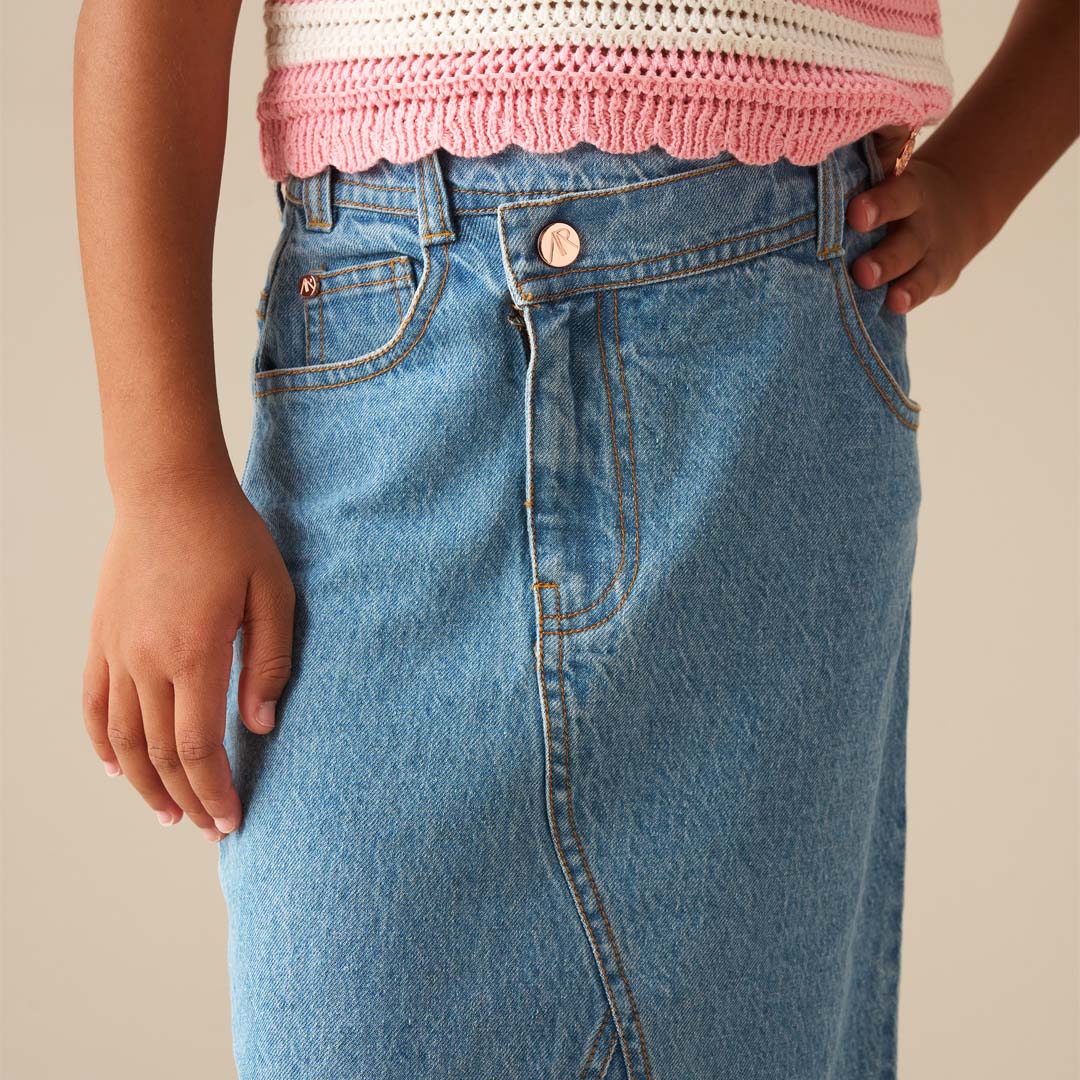 Kendal Asymmetric Waist Denim Midi Skirt - Angel & Rocket