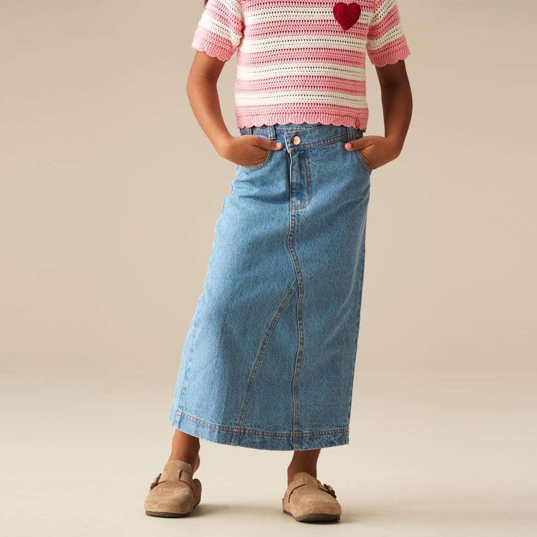 Kendal Asymmetric Waist Denim Midi Skirt