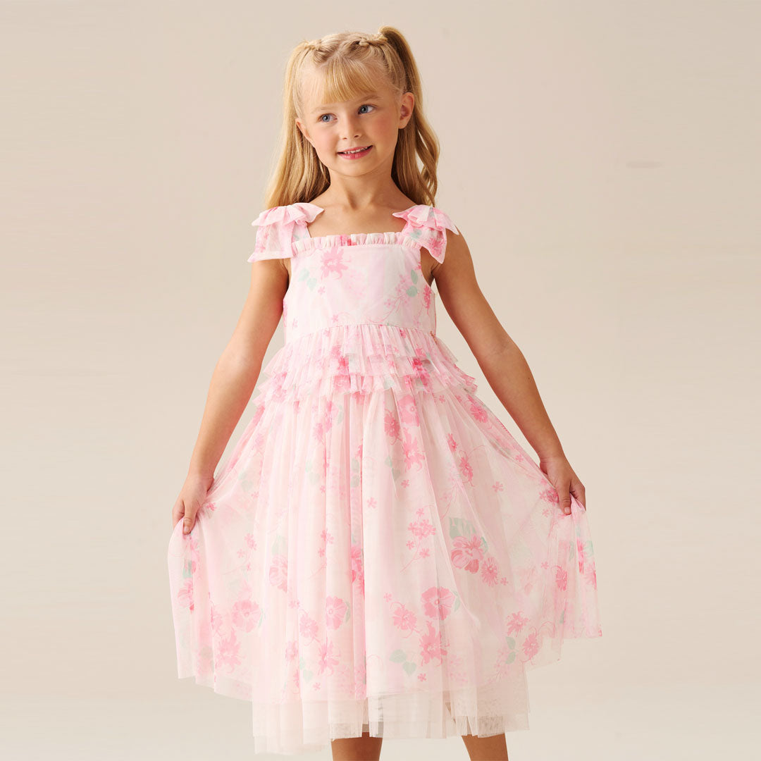 Mae Pink Floral Mesh Bow Strap Dress