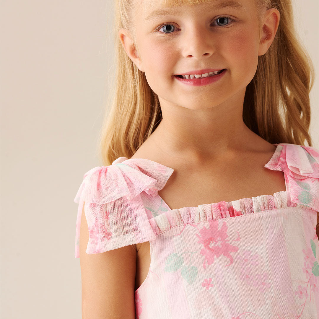 Mae Pink Floral Mesh Bow Strap Dress