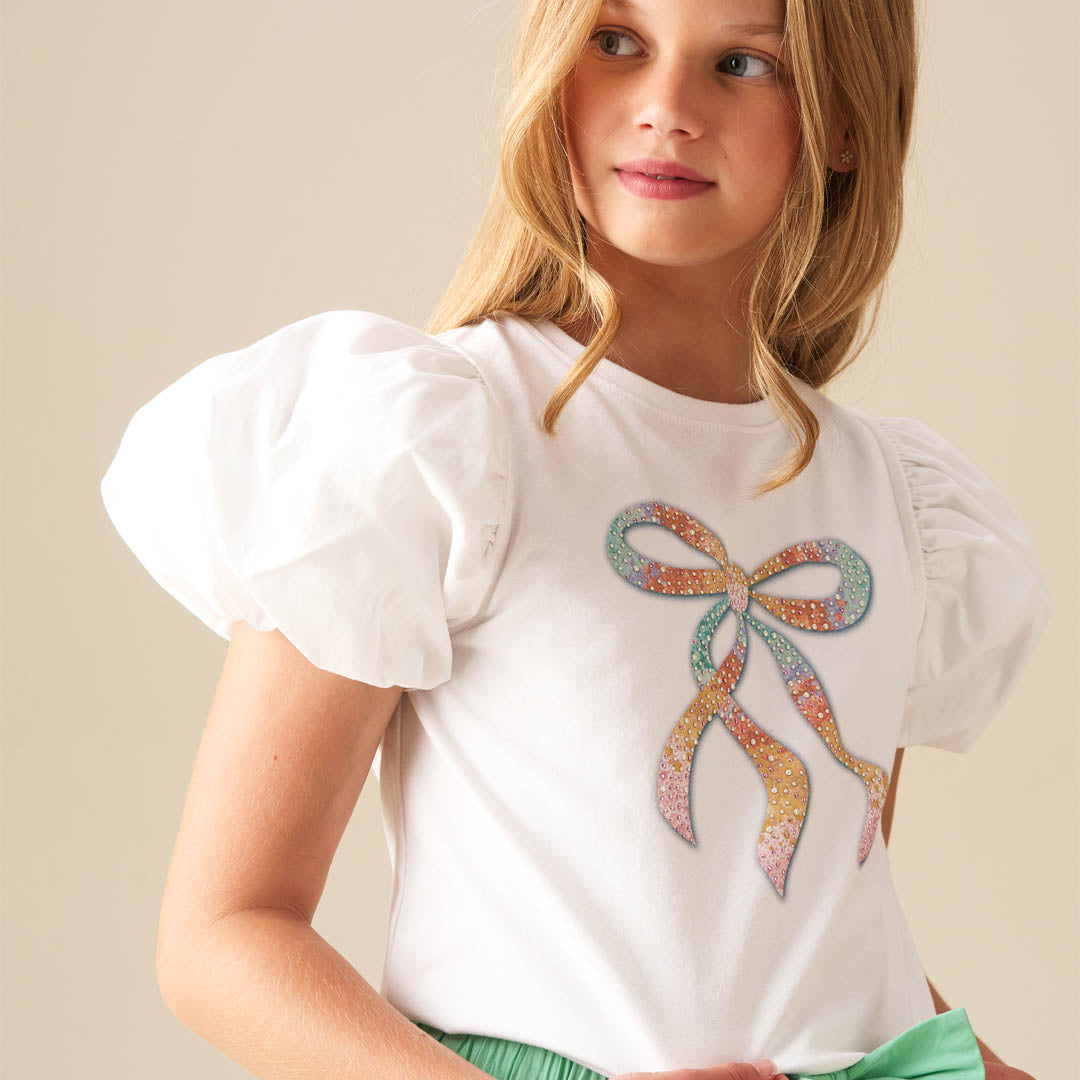 Elodie Sequin Bow Puff Sleeve Top