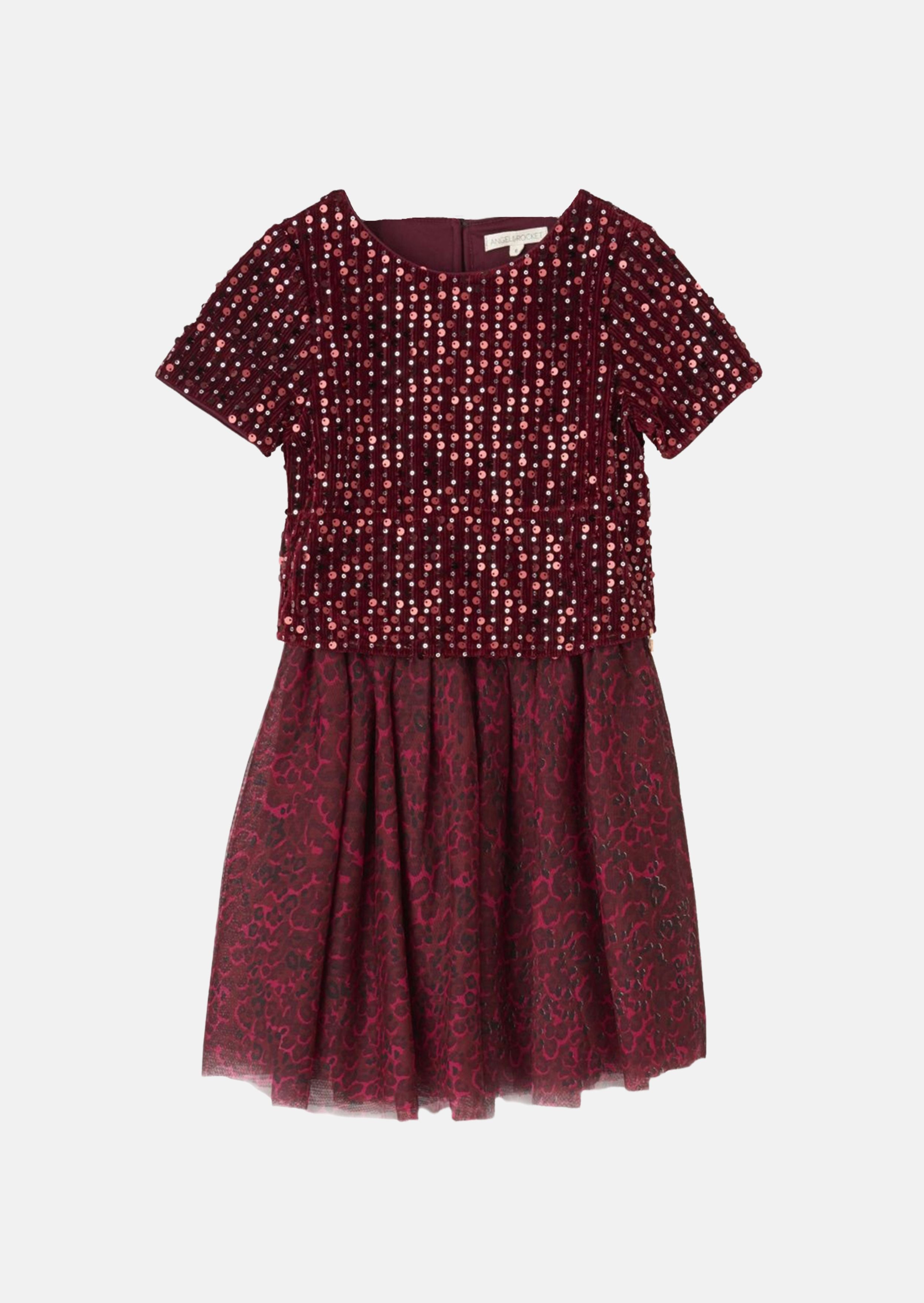 Girls Sequin Embellished and Printed Red Mesh Dress