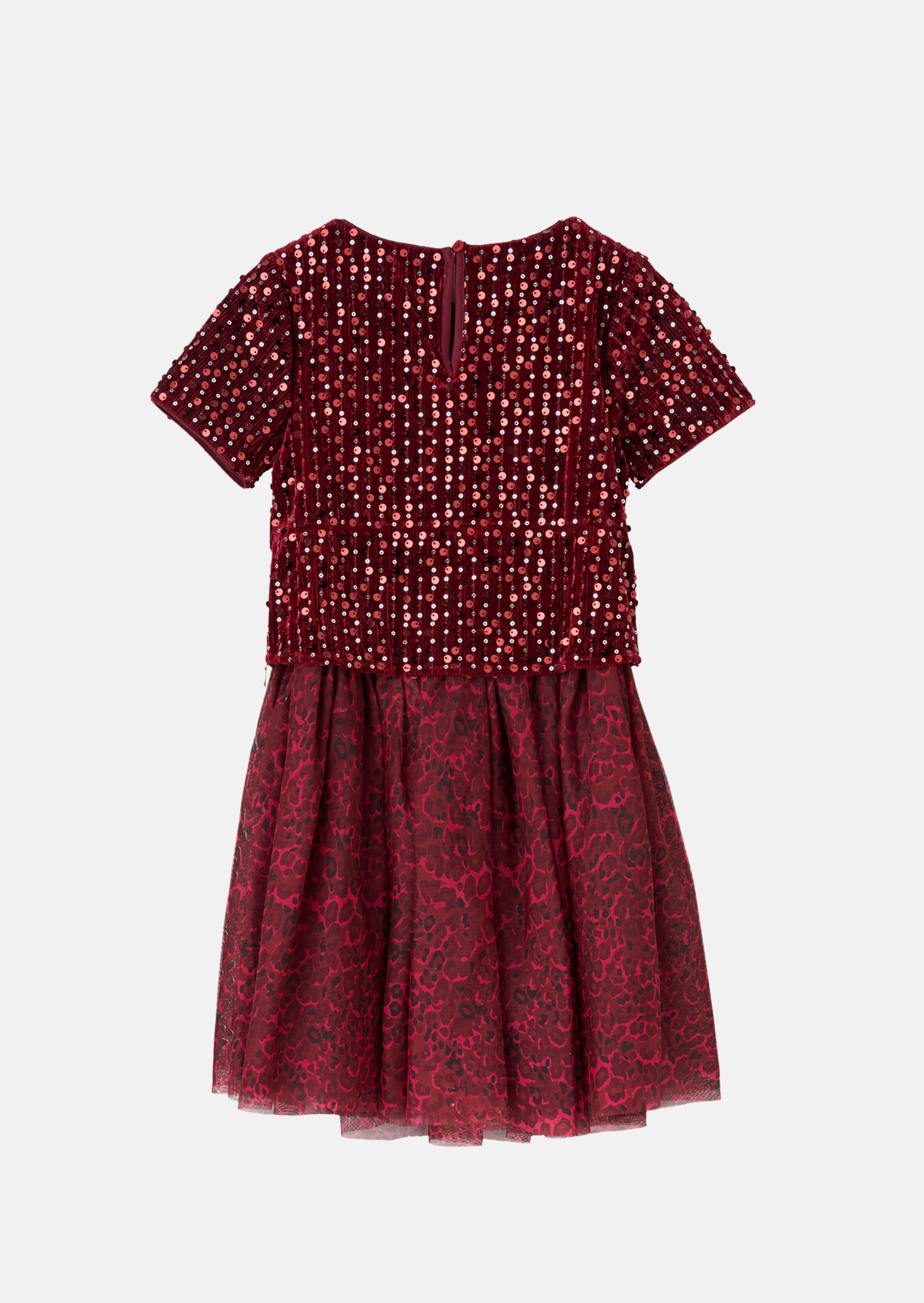 Girls Sequin Embellished and Printed Red Mesh Dress