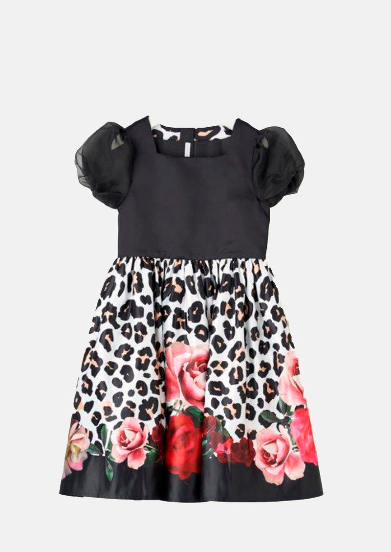 Girls Floral Printed Black Dress with Puff Sleeves
