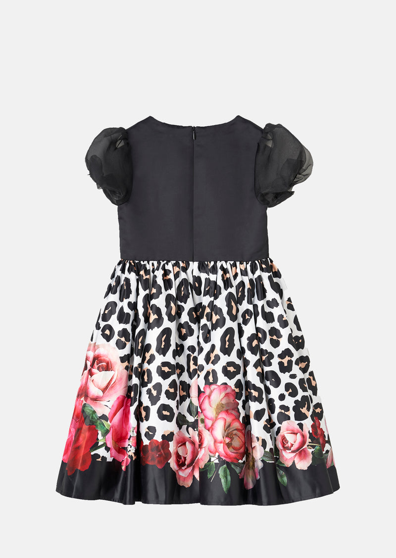 Girls Floral Printed Black Dress with Puff Sleeves
