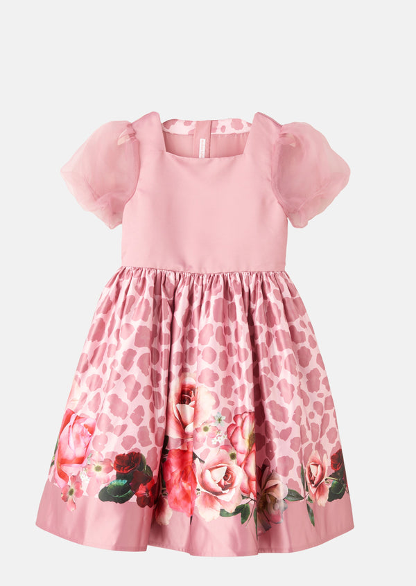 Girls Floral Printed Pink Dress with Puff Sleeves