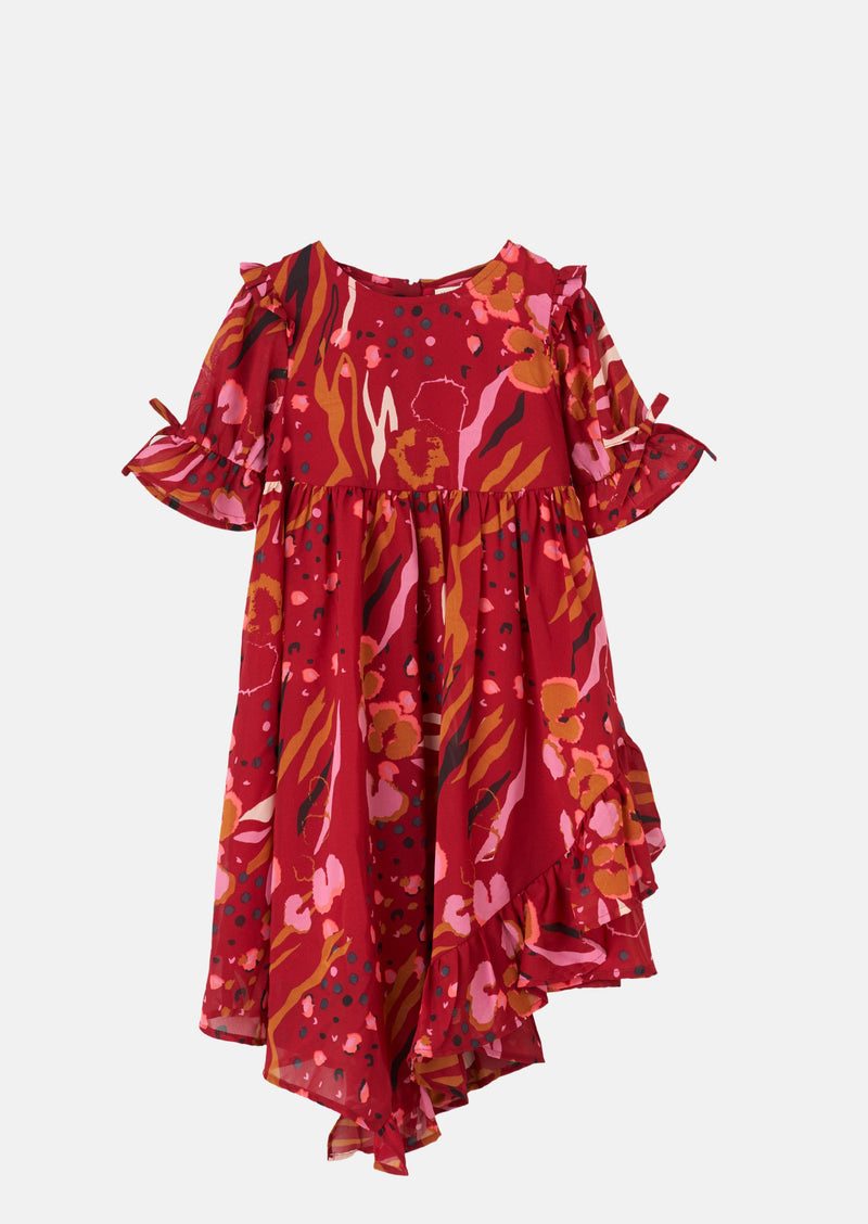Girls Woven Red Printed Frill Dress