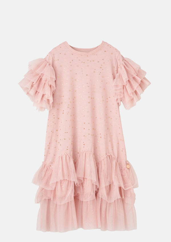 Girls Metalic Star Printed Pink Dress with Puff Sleeves