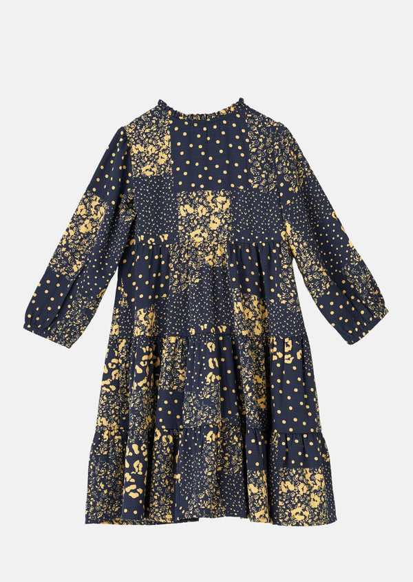 Girls Floral Printed Navy Tiered Shirt Dress