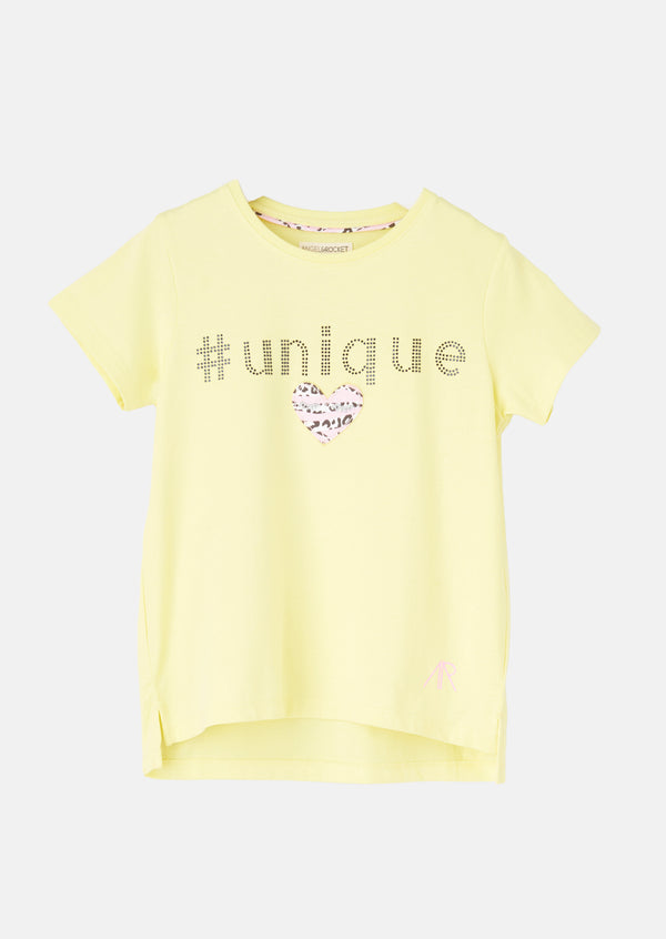 Girls Unique Heart Printed Yellow Cotton T-Shirt