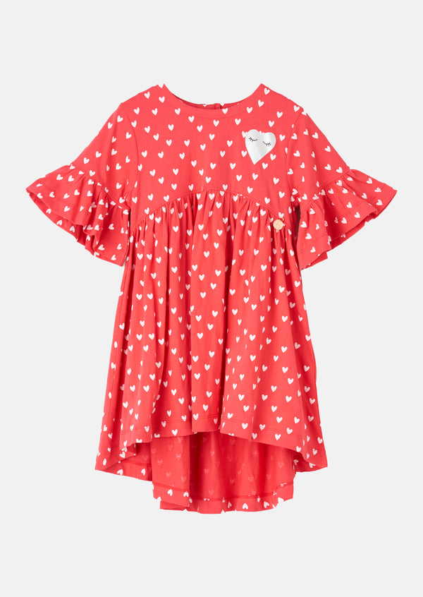 Girls Heart Printed Cotton Coral Pink Dress