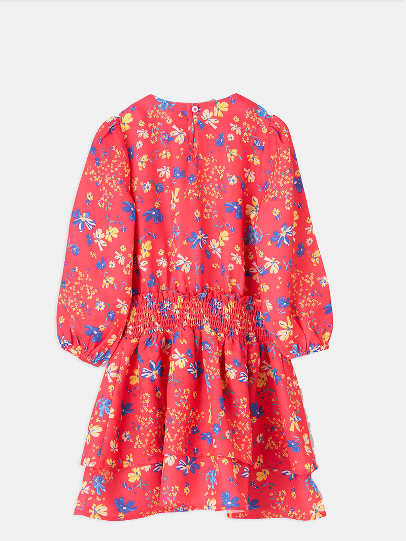 Girls Coral Pink Floral Printed Woven Dress