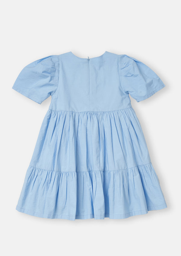 Girls Floral Embroidered Cotton Blue Dress with Puff Sleeves