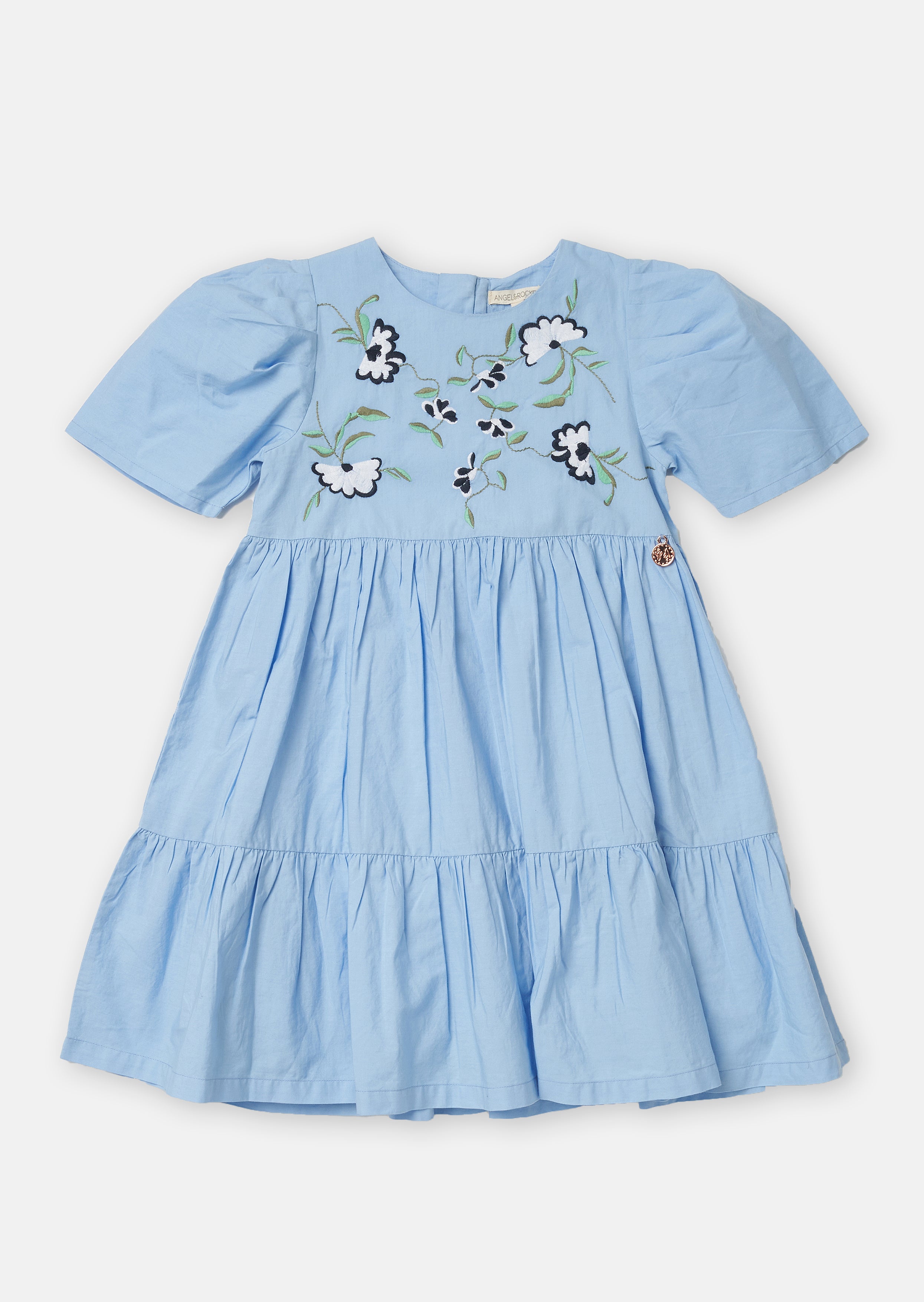 Girls Floral Embroidered Cotton Blue Dress with Puff Sleeves