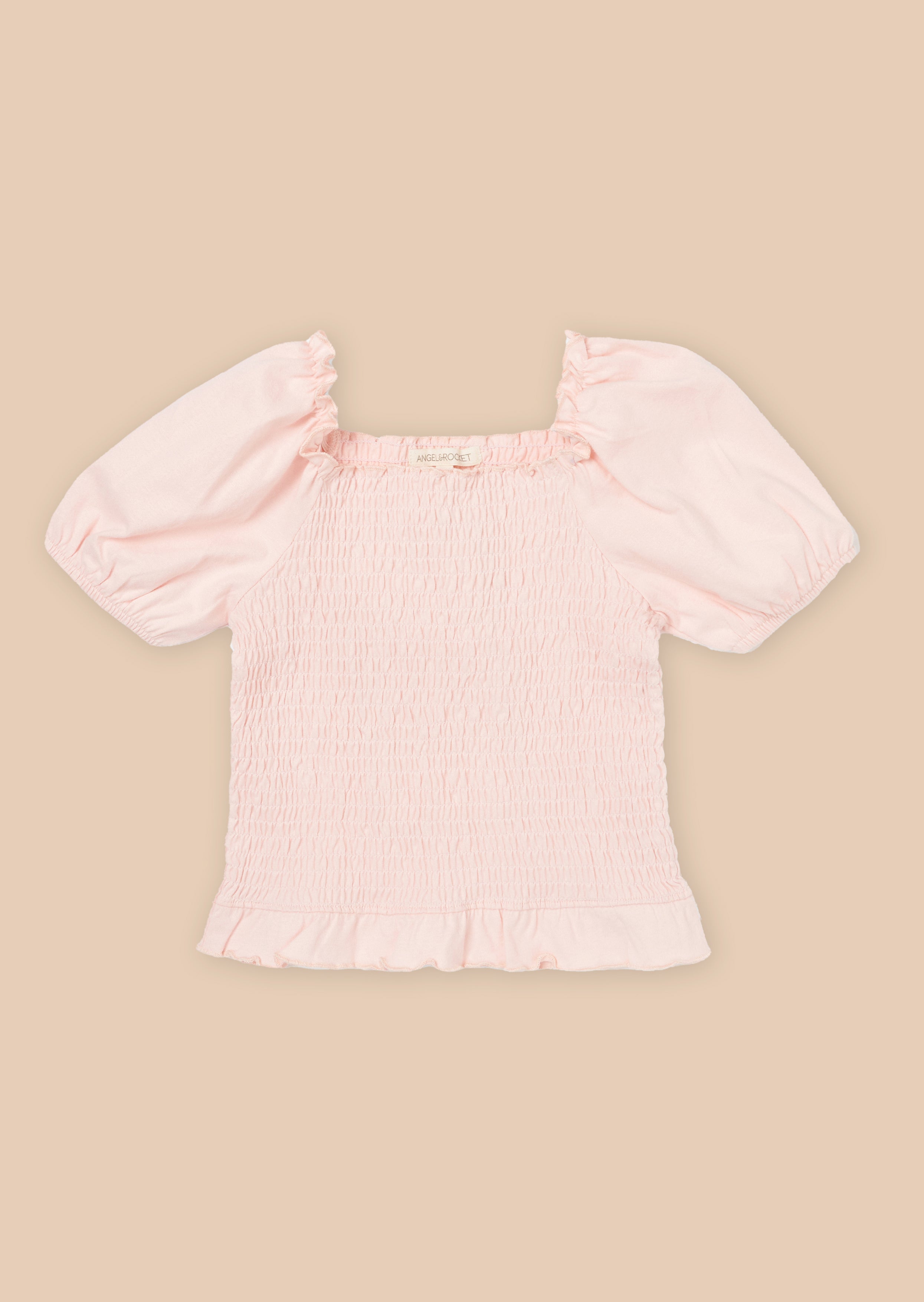 Girls Solid Pink Cotton Top with Puff Sleeves