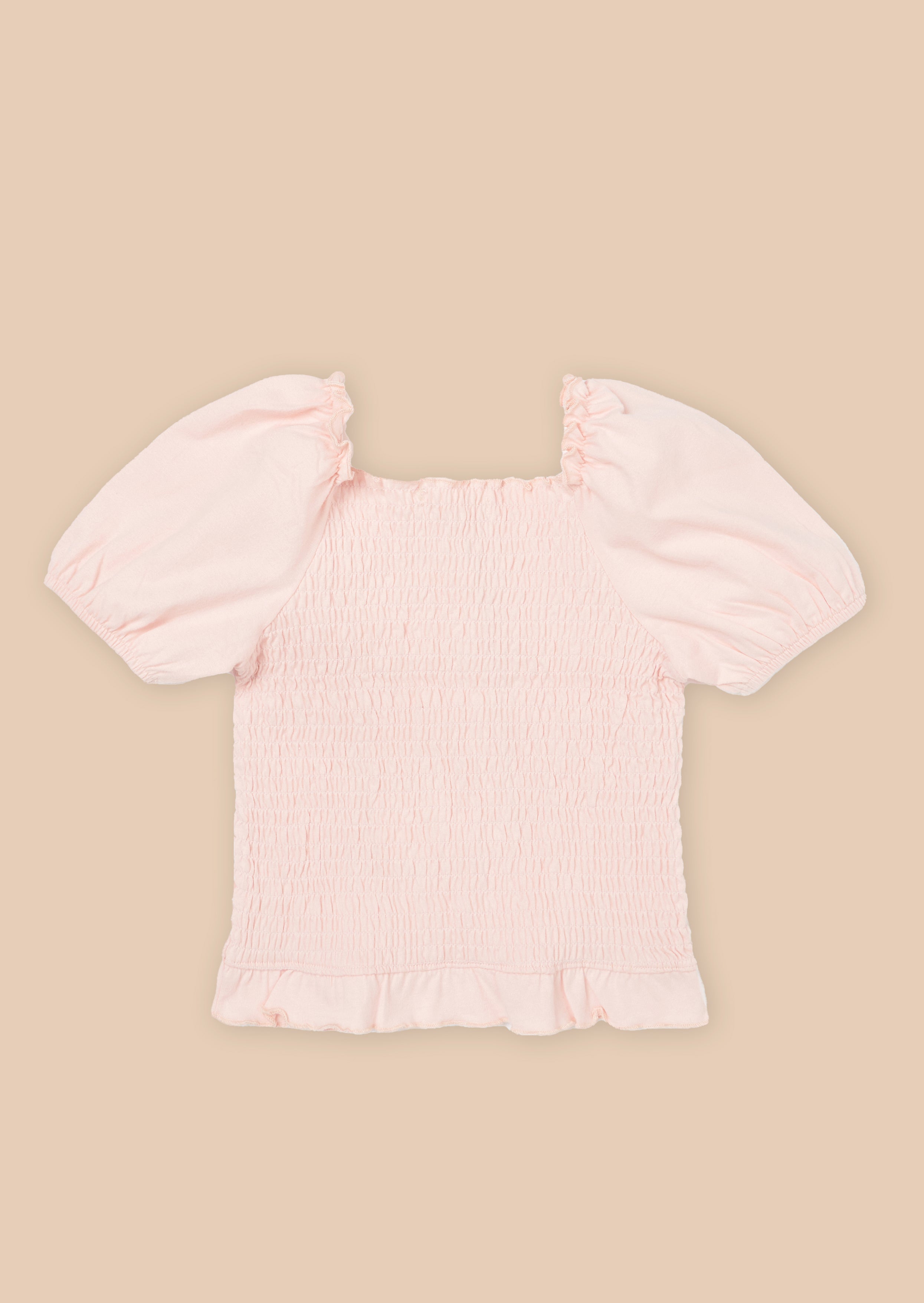 Girls Solid Pink Cotton Top with Puff Sleeves