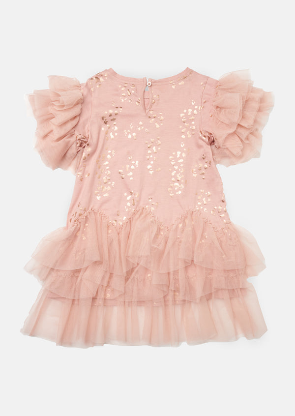 Girls Woven Pink Foil Printed Dress