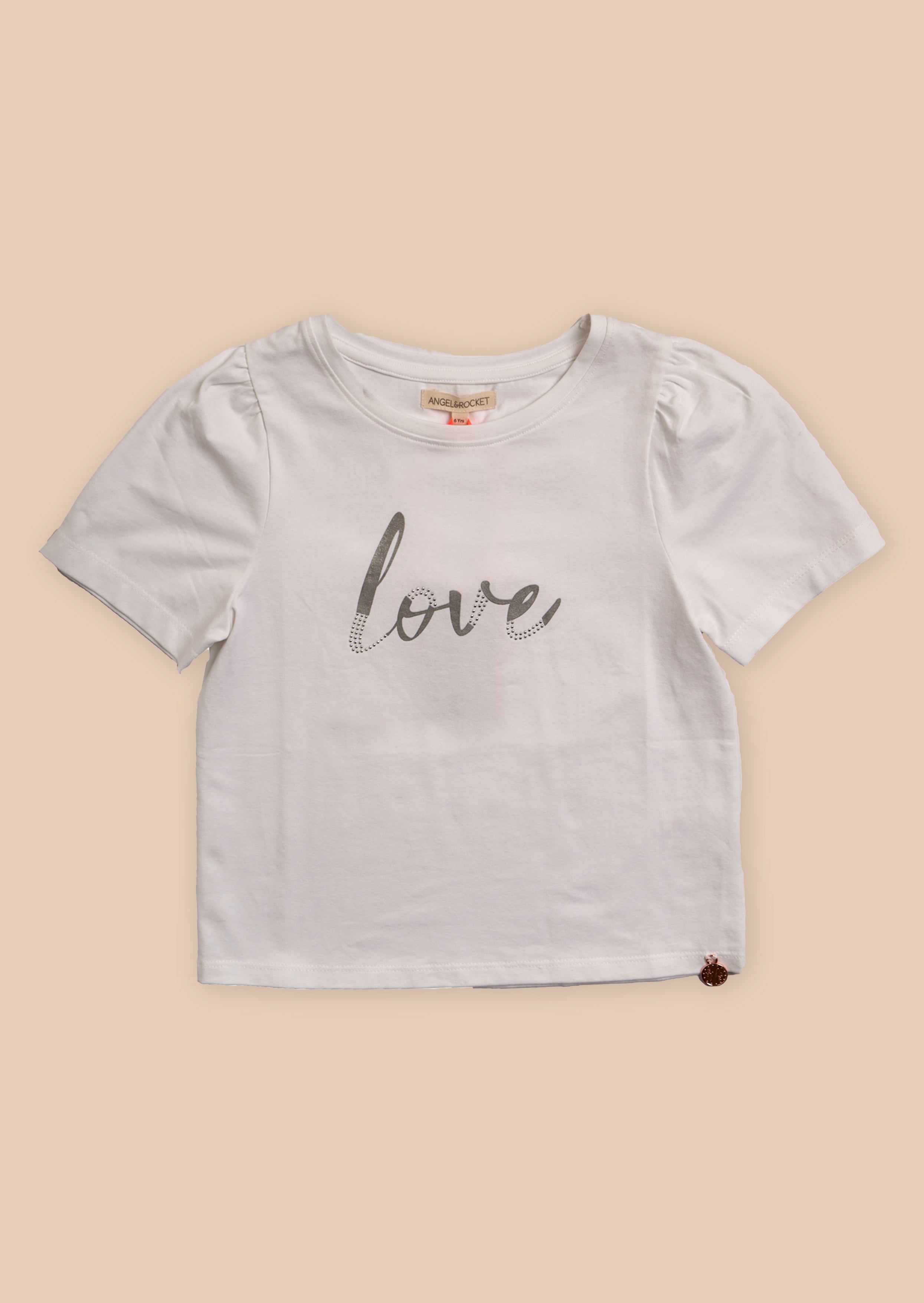 Love Slogan Printed Girls White T-Shirt with Puff Sleeves