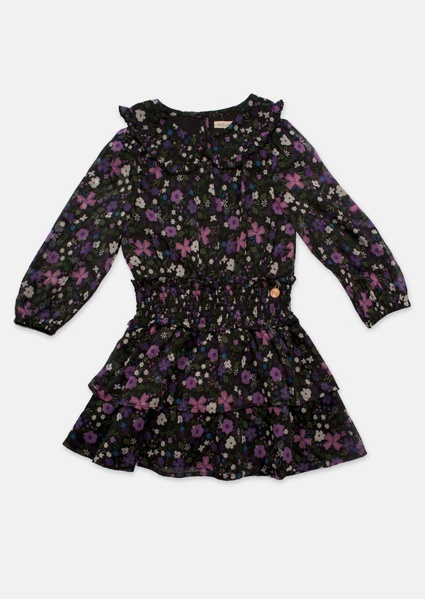 Girls Navy Tiered Dress with Floral Print