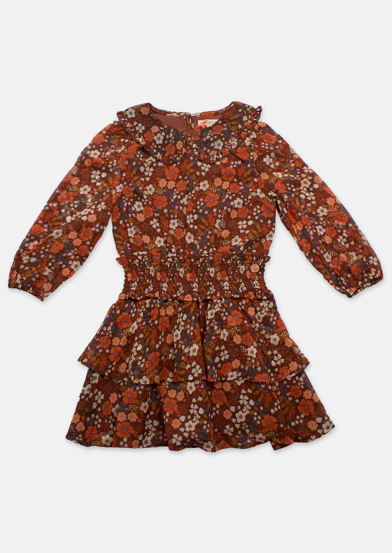 Girls Brown Tiered Dress with Floral Print
