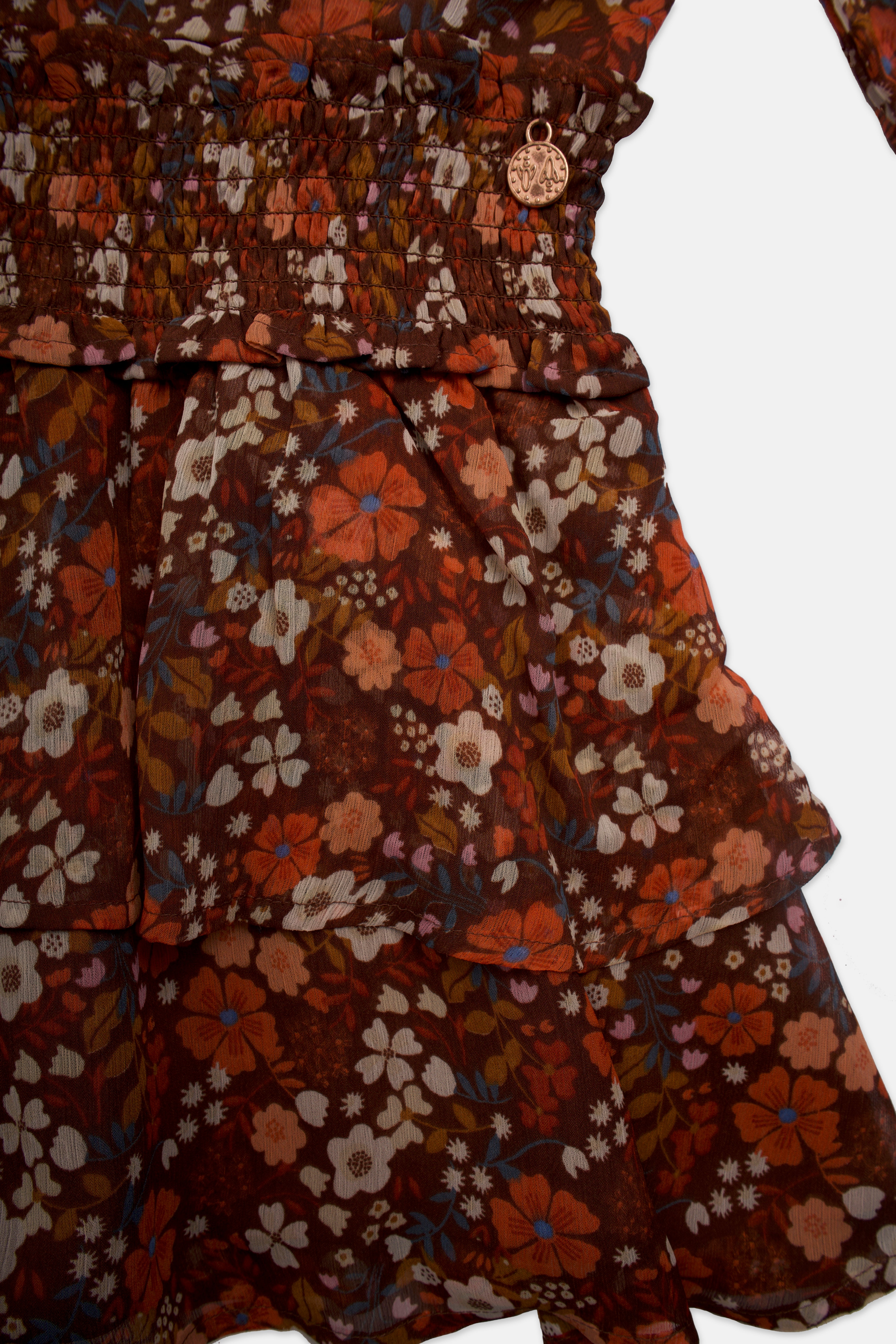 Girls Brown Tiered Dress with Floral Print
