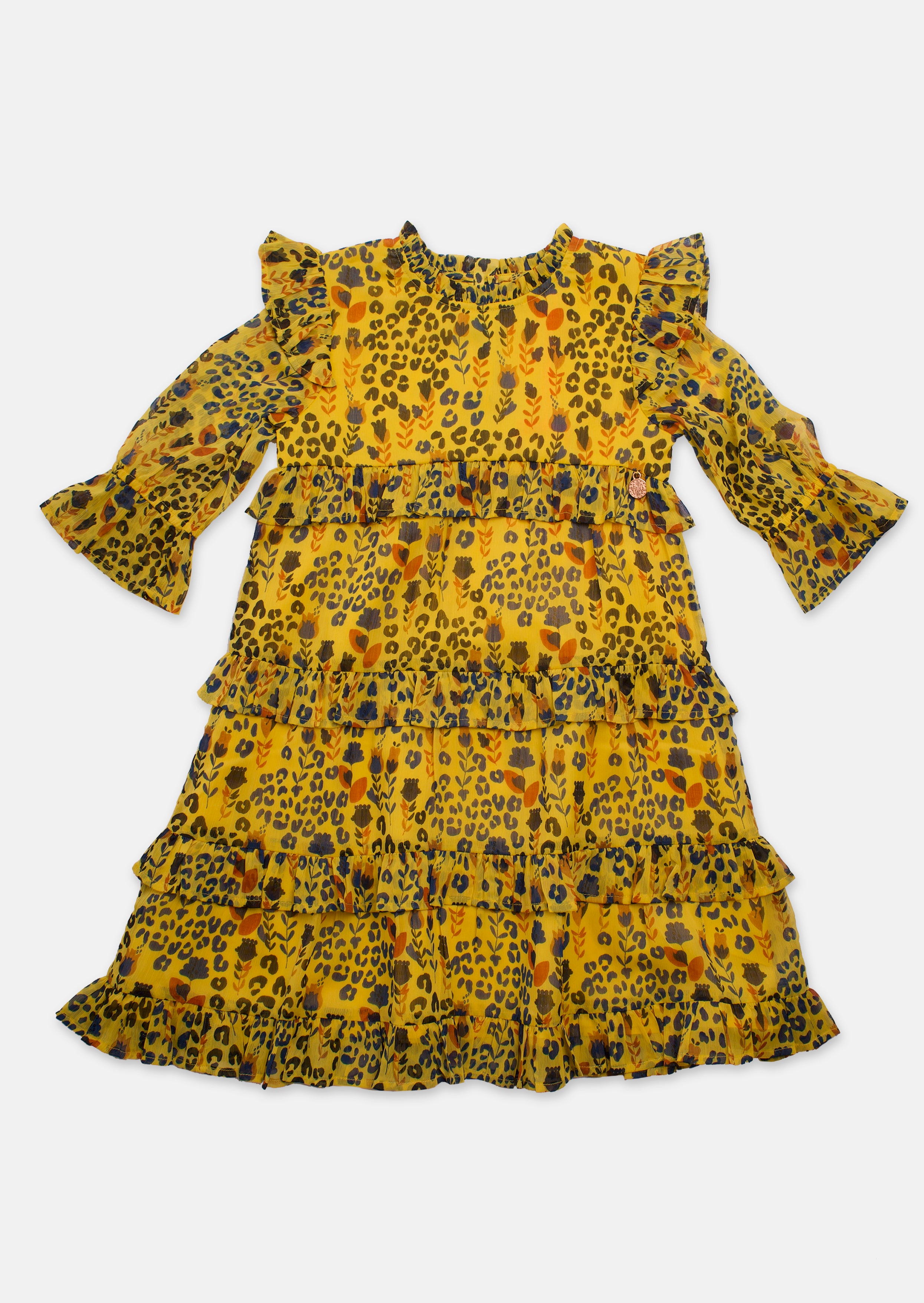 Girls Floral Printed Woven Yellow Dress