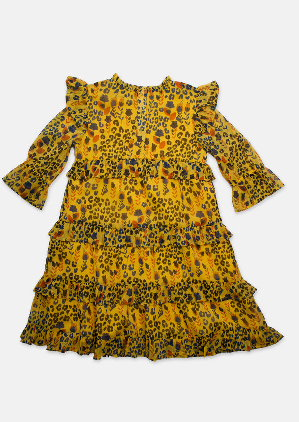 Girls Floral Printed Woven Yellow Dress