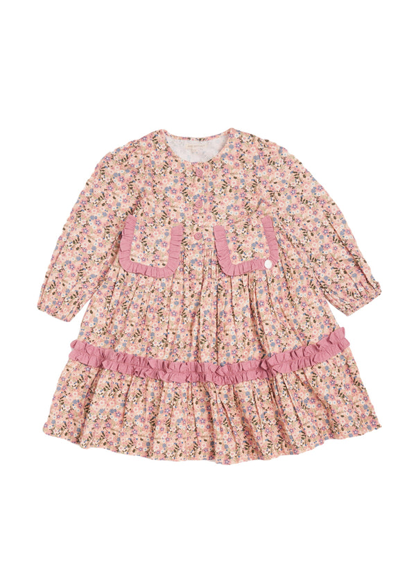 Girls Floral Printed Cotton Pink Dress with Pocket