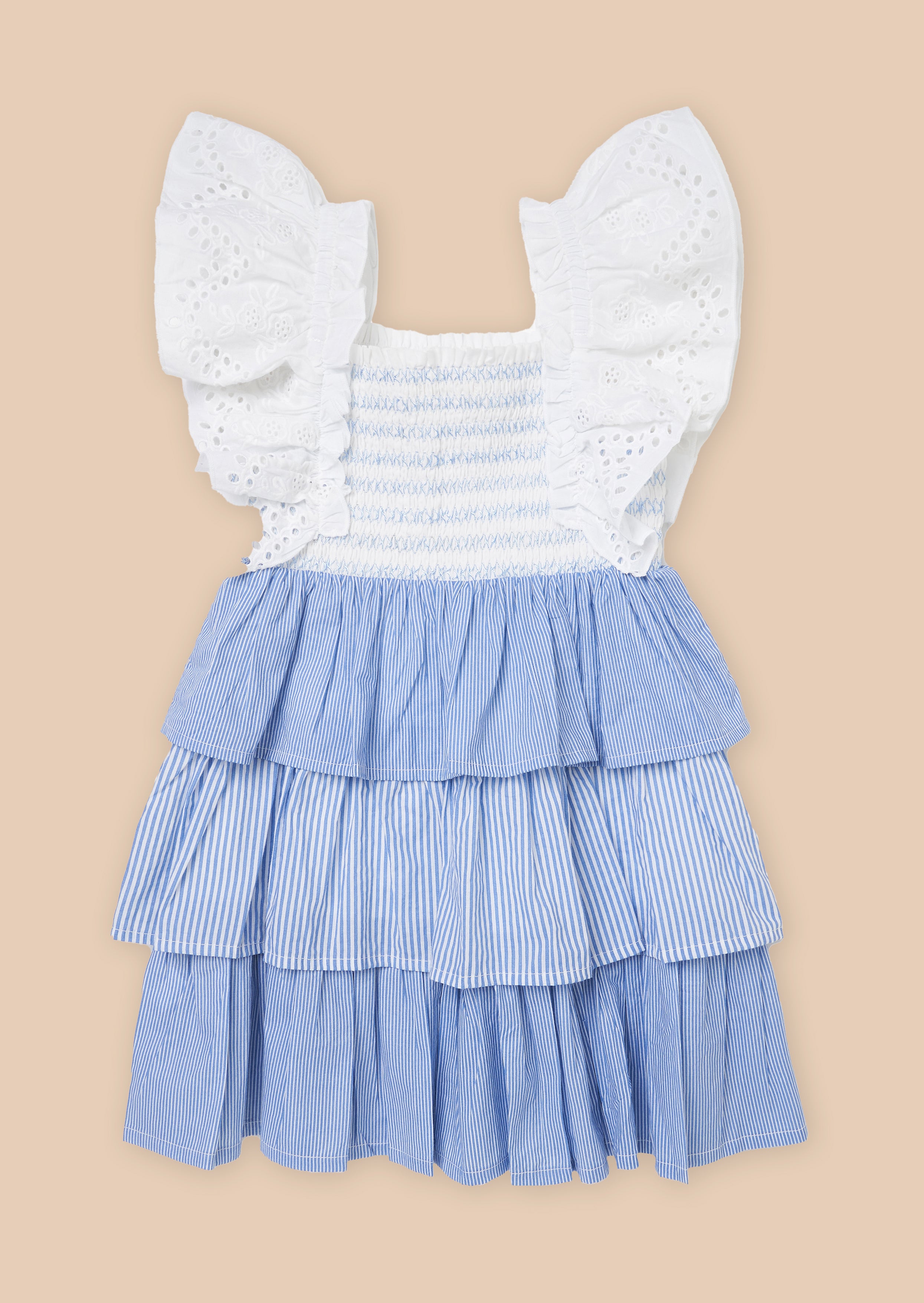 Girls Blue and White Stripe Tiered Dress