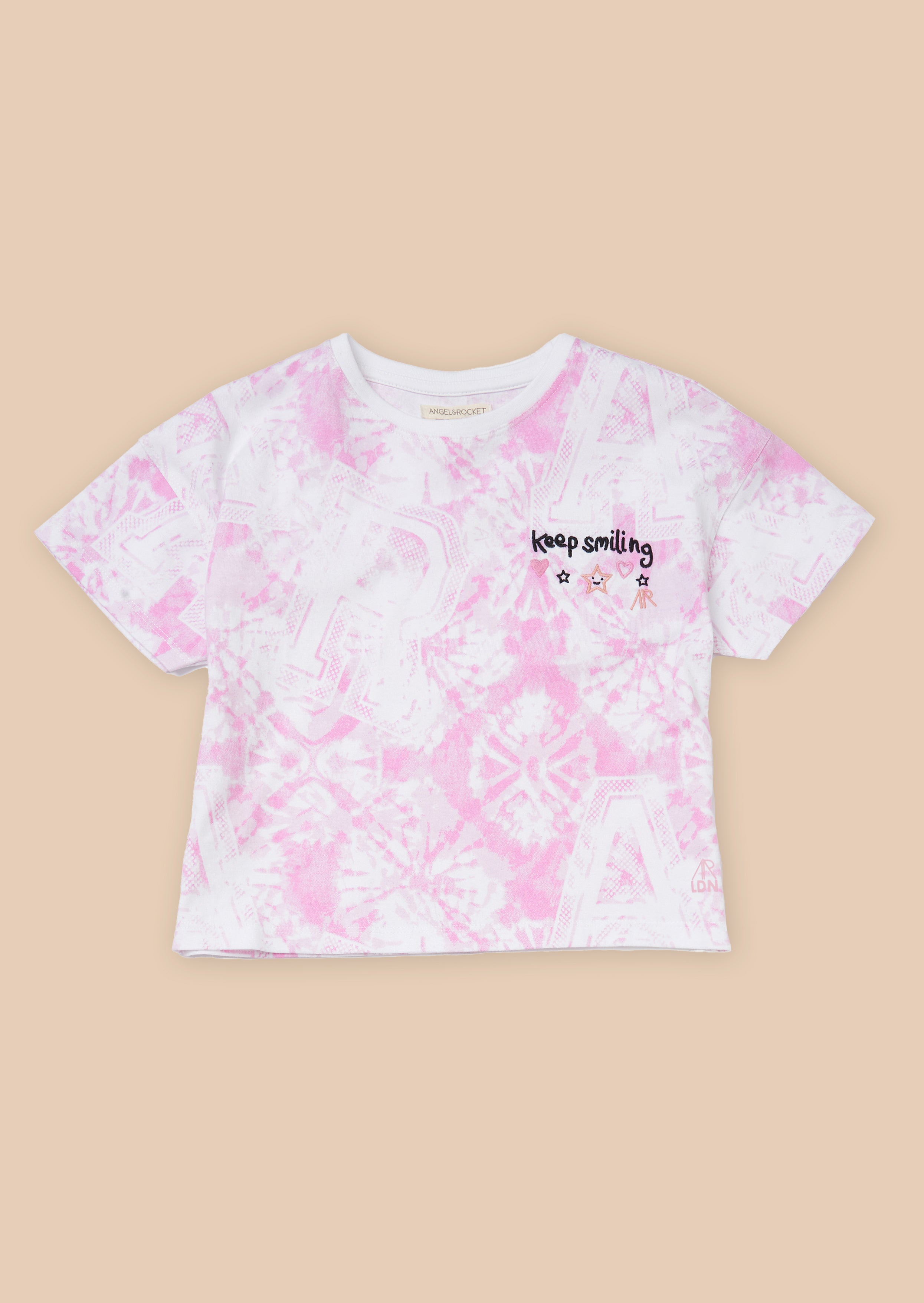 Girls Tie Dye Printed Cotton Pink T-Shirt