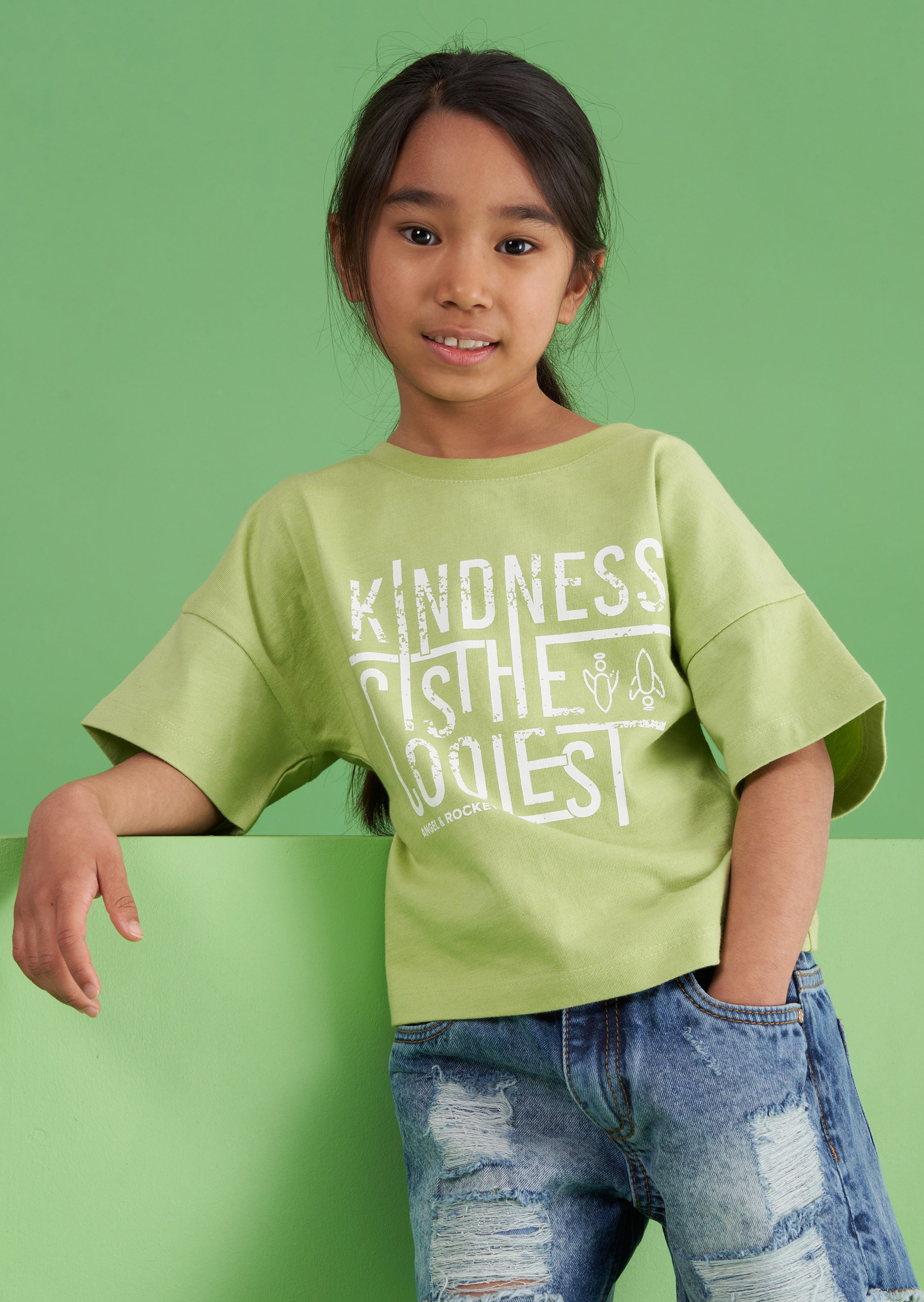 Girls Kindness Slogan Printed Green T-Shirt