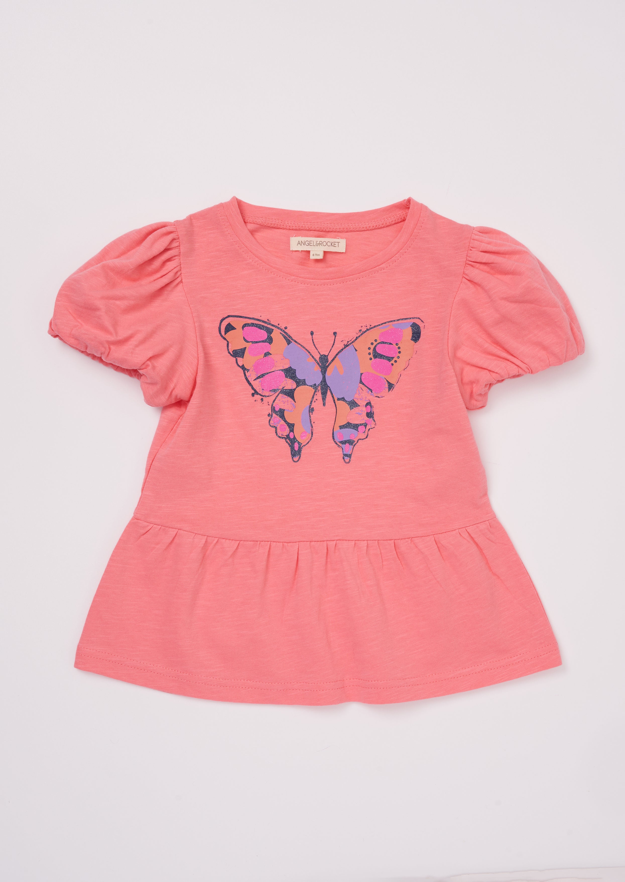 Girls Butterfly Printed Pink Top with Puff Sleeves