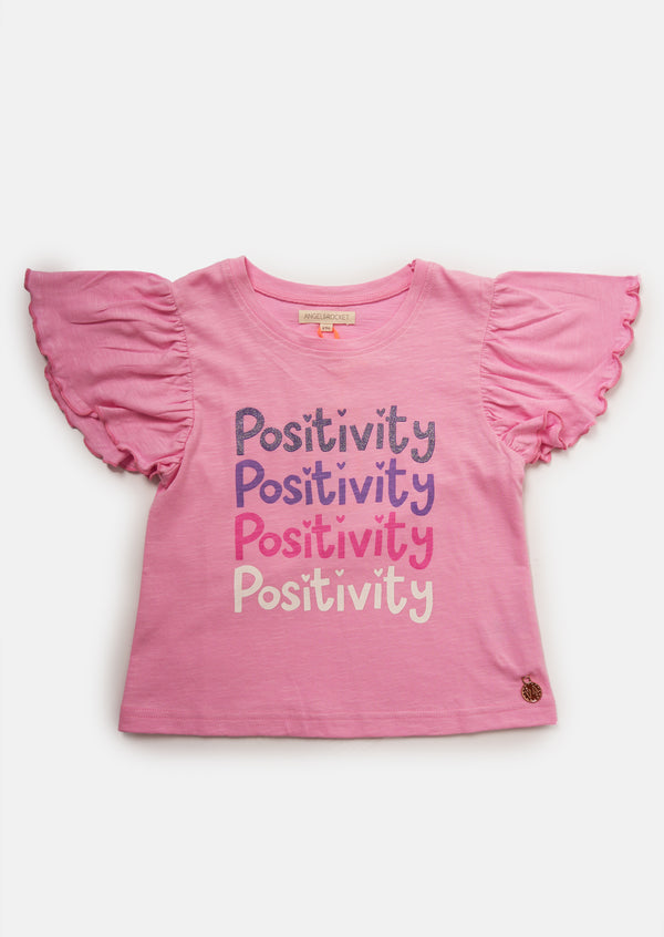 Girls Positive Vibes Printed Pink T-Shirt
