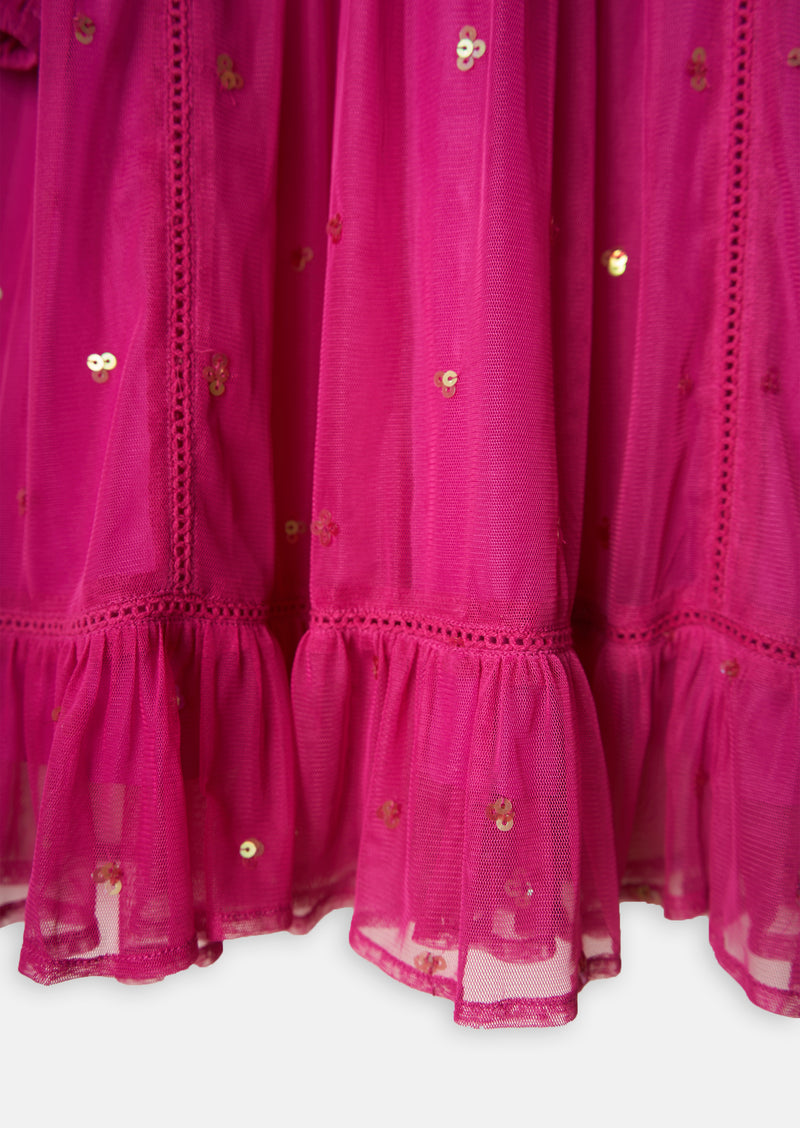 Girls Sequins Embellished Solid Pink Mesh Dress