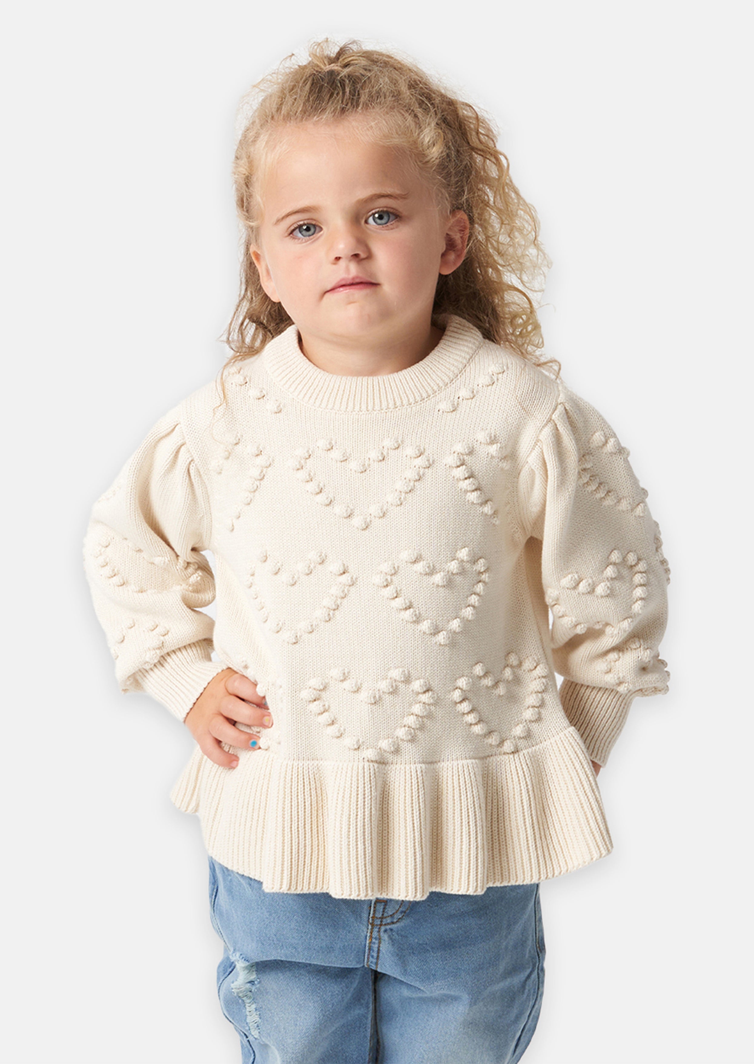 Genevieve Beige Popcorn Heart Peplum Jumper