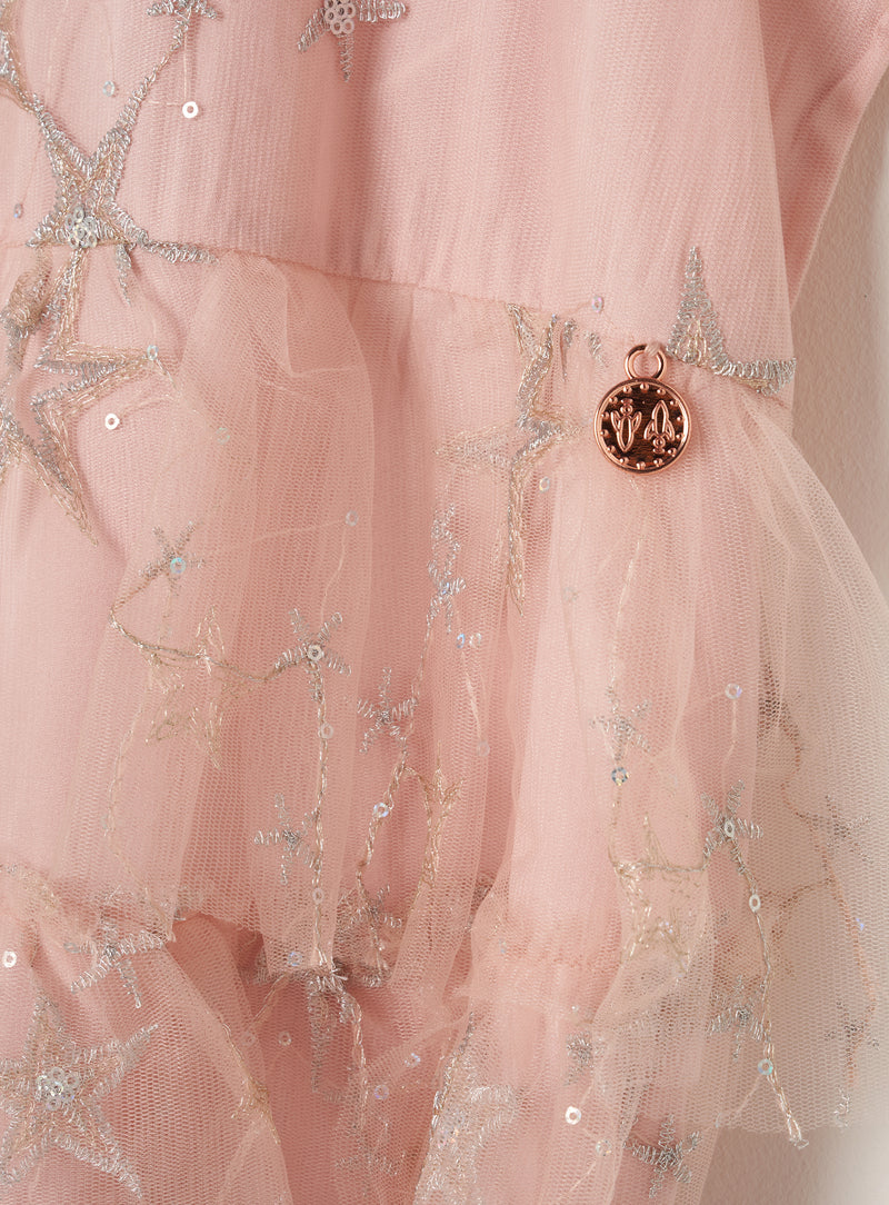 Girls Pink Star Printed Mesh Dress