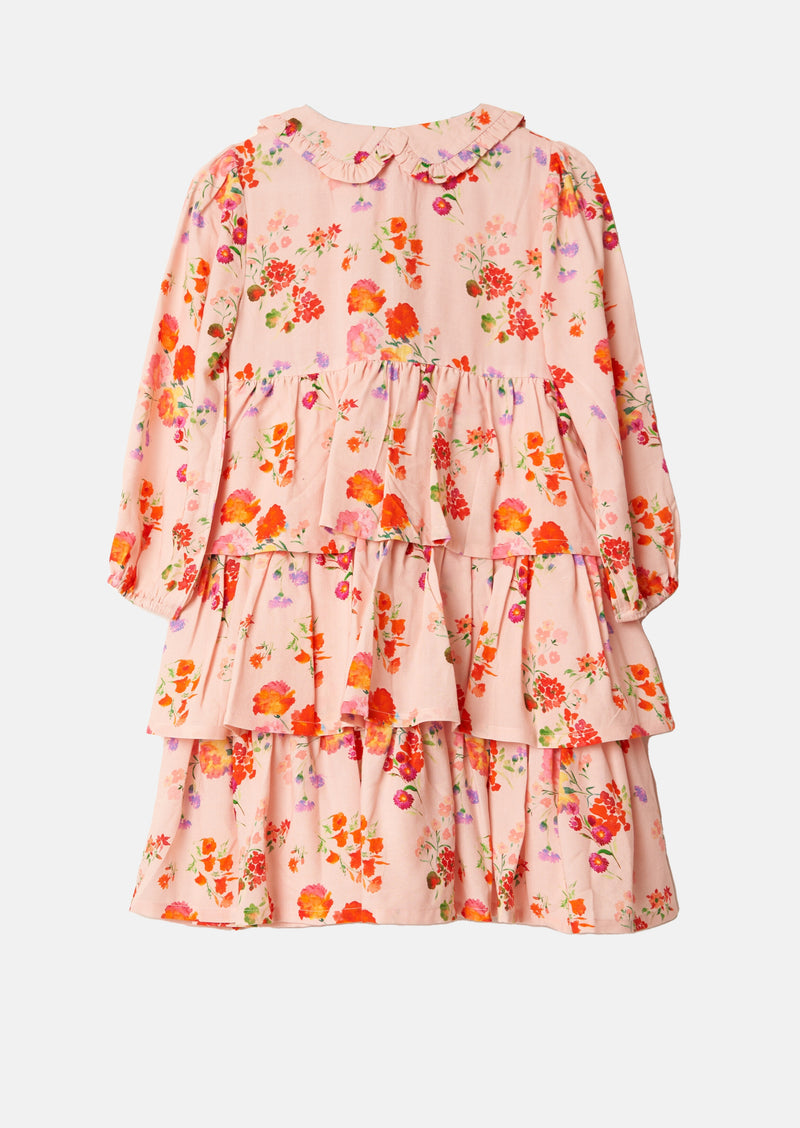 Girls Pink Tiered Dress with Floral Print