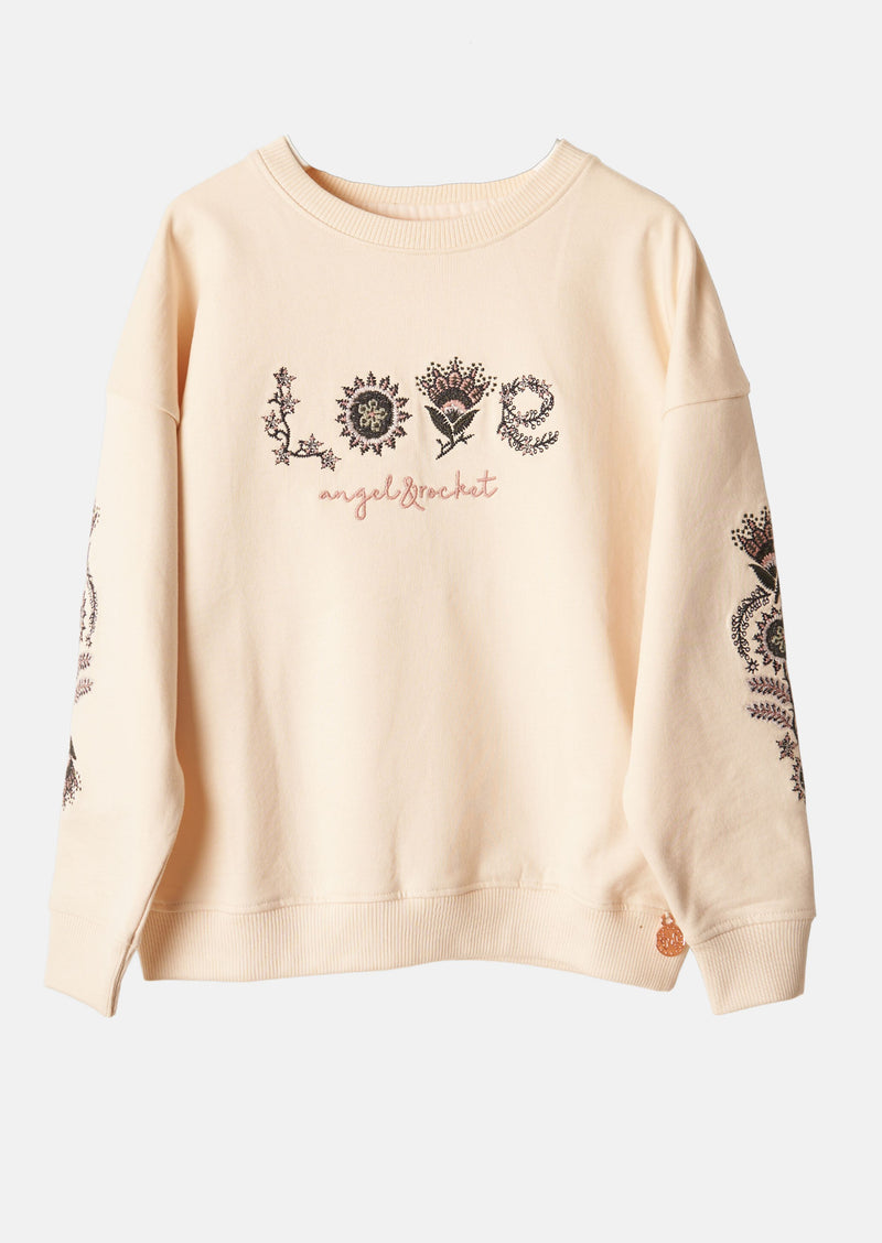 Girls Beige Love Embroidered Sweatshirt